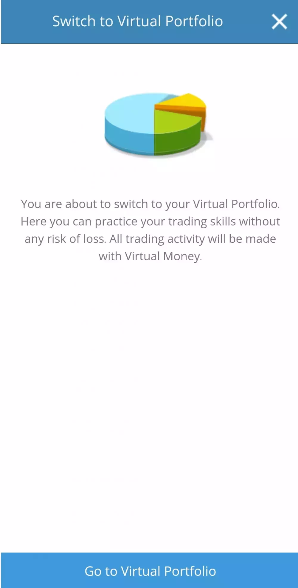 eToro mobile app Virtual Portfolio switch notification