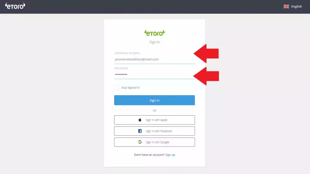 Entering username or email and password on the eToro login page