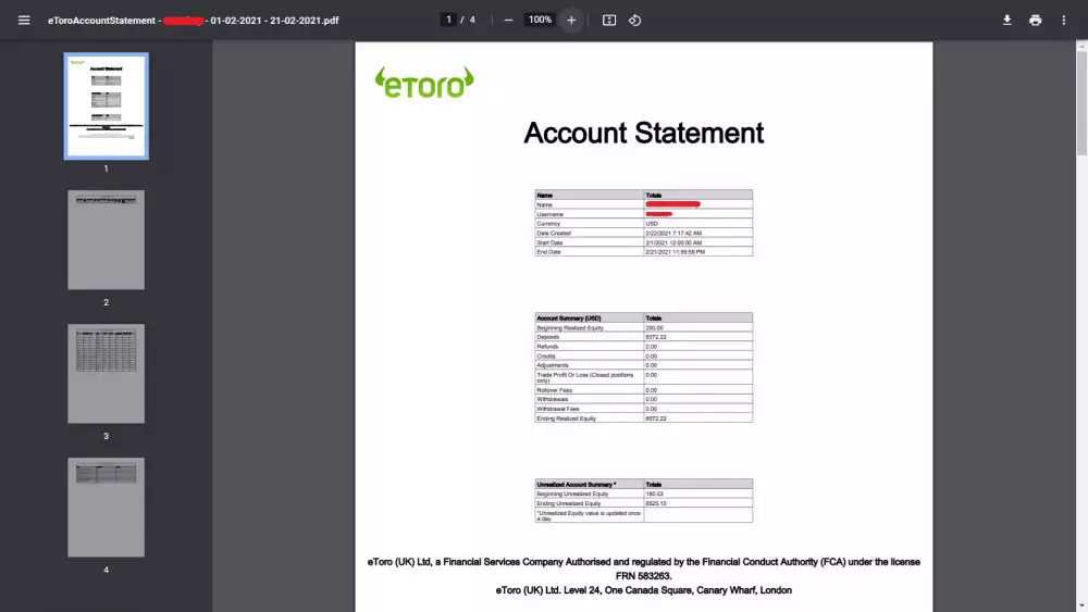 eToro's account statement in PDF file