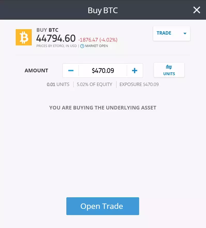 Buying Bitcoin (BTC) on the eToro platform