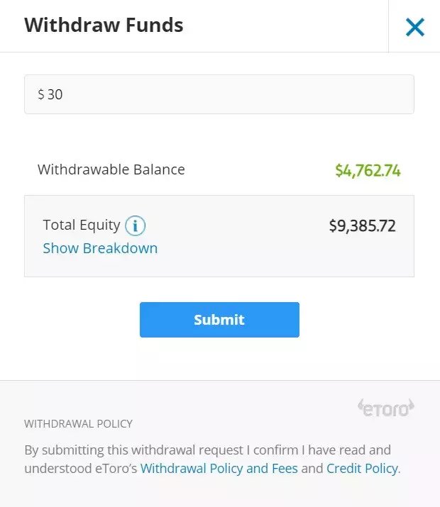 "Withdraw Funds" window eToro's platform