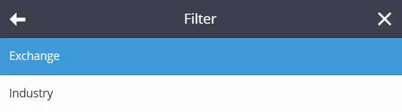Clicking "Exchange" on eToro's Filter menu