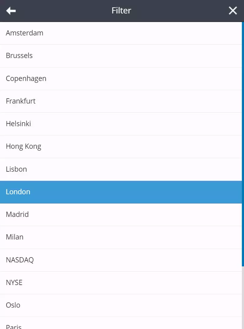 Clicking "London" on eToro's Filter menu
