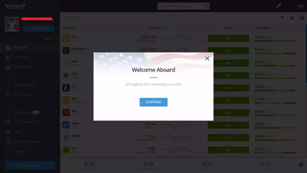 eToro welcome pop-up for US traders