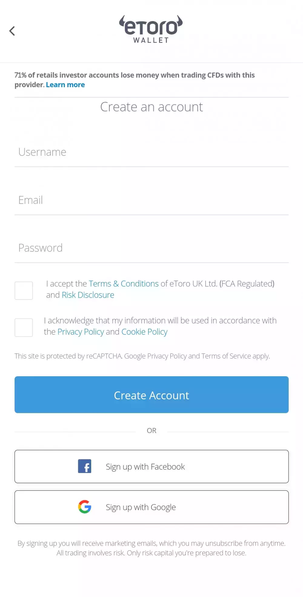 eToro Wallet registration form via the app