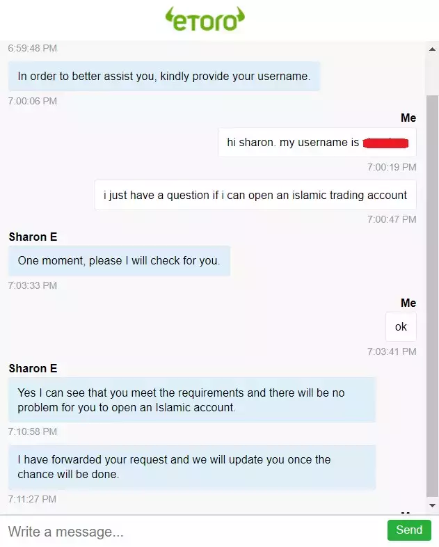 Requesting for an eToro Islamic account via live chat support