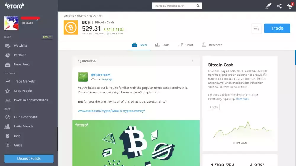 Bitcoin Cash trading page on eToro's platform