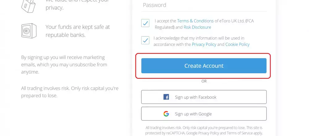 "Create Account" button on eToro's registration form