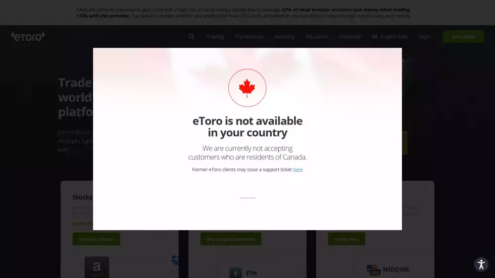 eToro does not support traders from Canada
