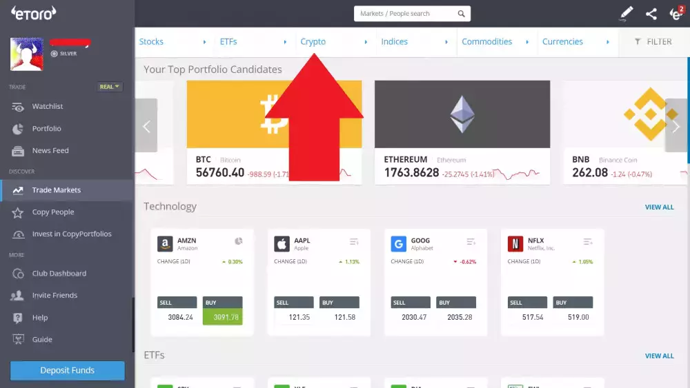Выбор "Crypto" на экране "Рынки" eToro