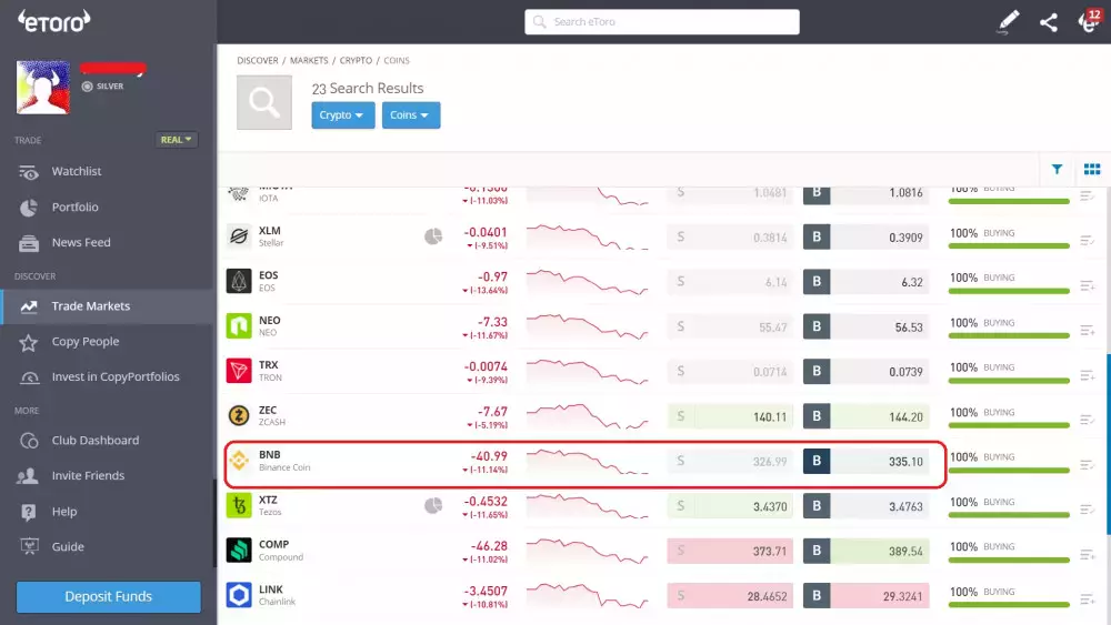 Looking for Binance Coin on eToro's list of crypto assets