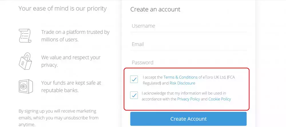Agreement with eToro Terms and Conditions, Risk Disclosure, Privacy Policy and Cookie Policy