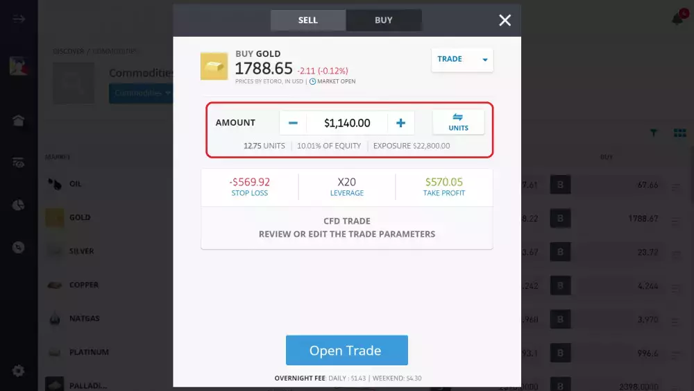 Entering amount to invest on GOLD via eToro