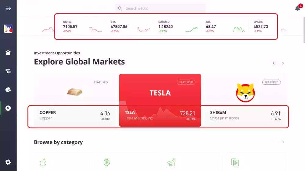 Real-time market prices displayed on eToro’s demo account