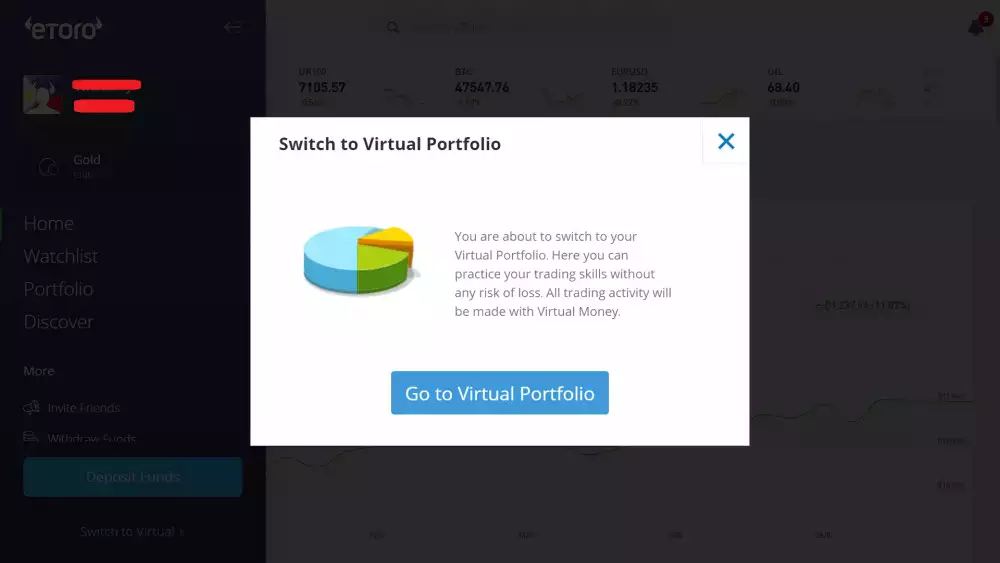 eToro Virtual Portfolio switch notification