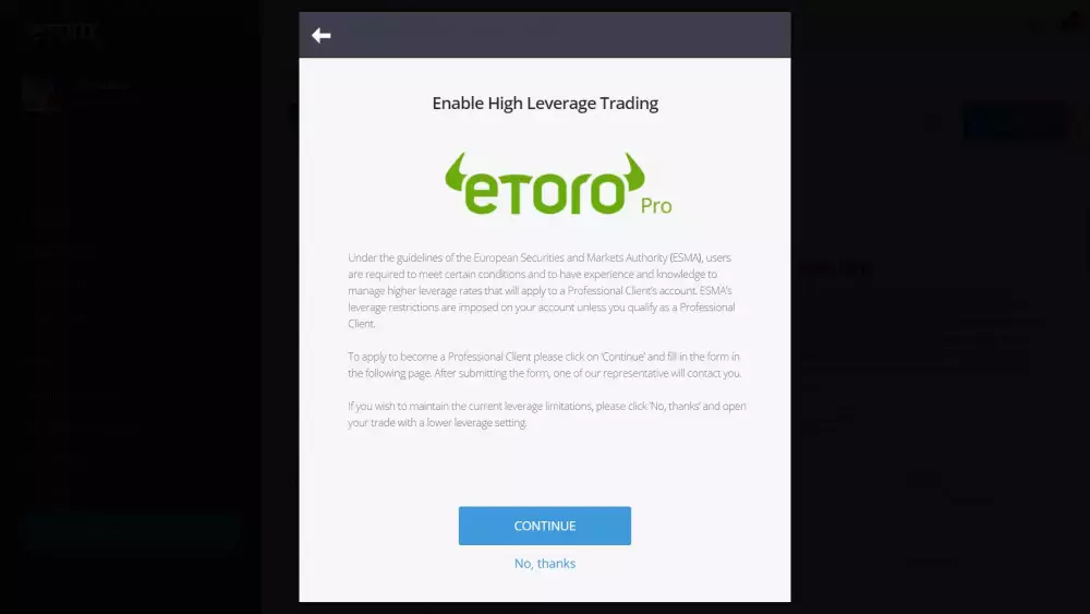 Enabling high leverage trading on eToro