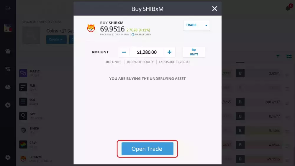 Executing SHIBxM buy order on eToro