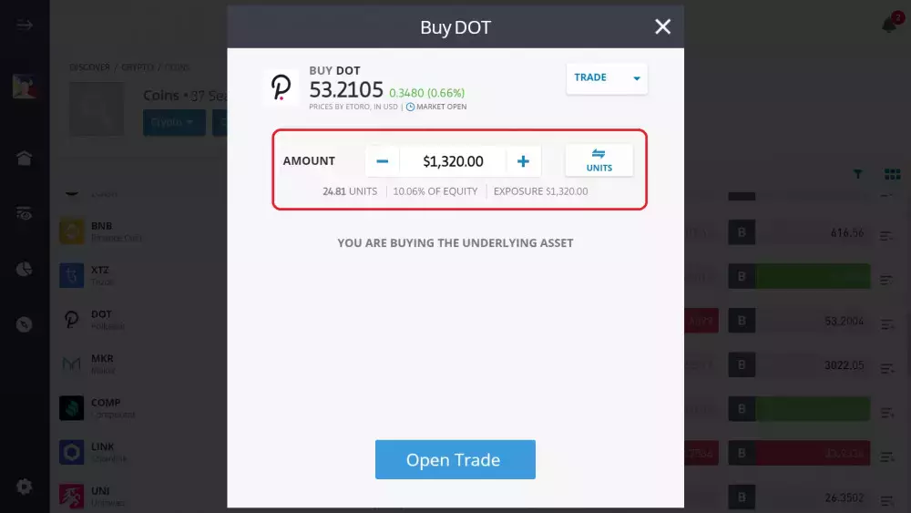 Buying Polkadot (DOT) on eToro's platform