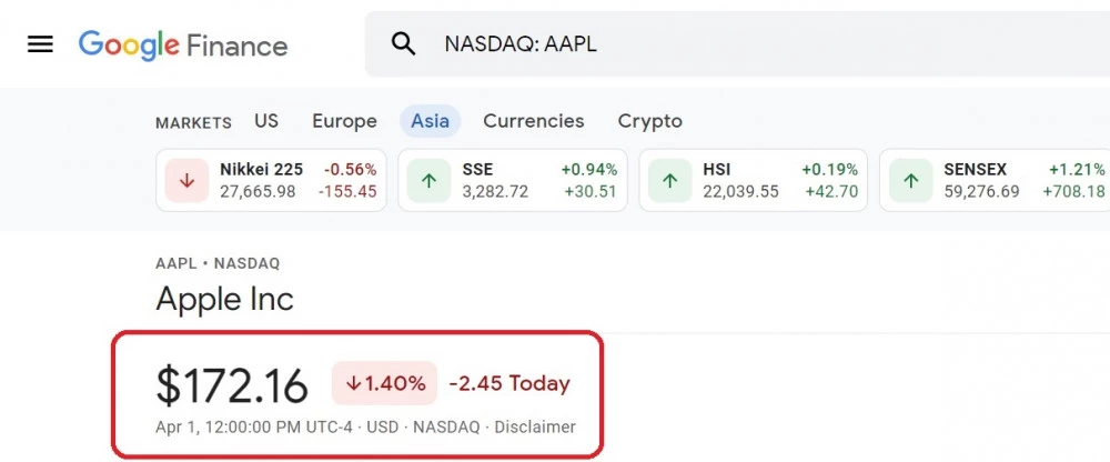 Apple stock quote in Google Finance