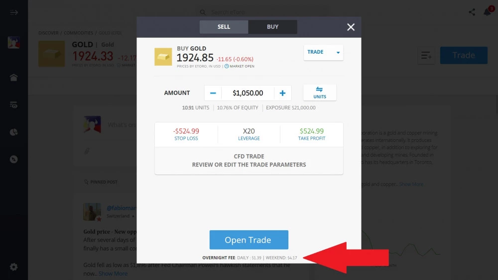 Fees displayed on eToro's trading platform