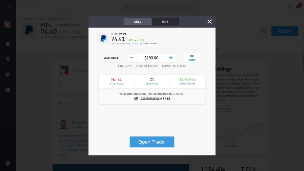 Buying PayPal stocks on eToro's platform