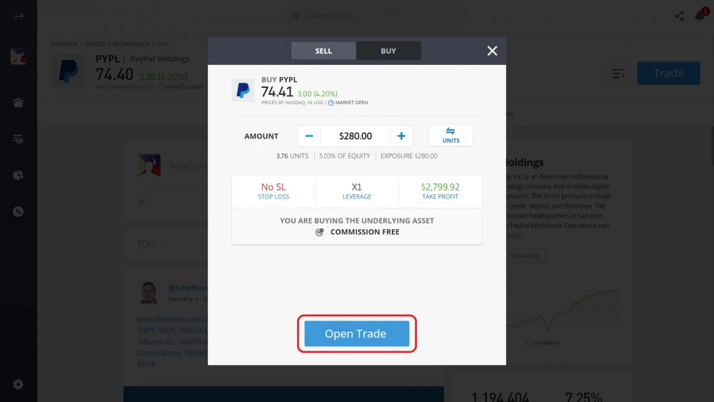 Executing PayPal buy order on eToro's platform