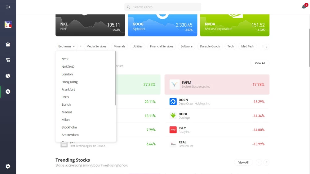 List of exchanges on eToro stocksm