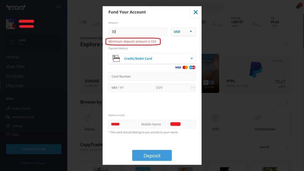 eToro minimum deposit for Philippine clients