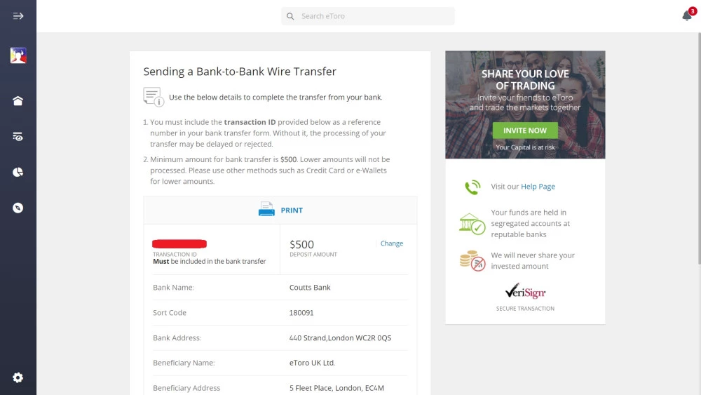 eToro bank-to-bank wire transfer