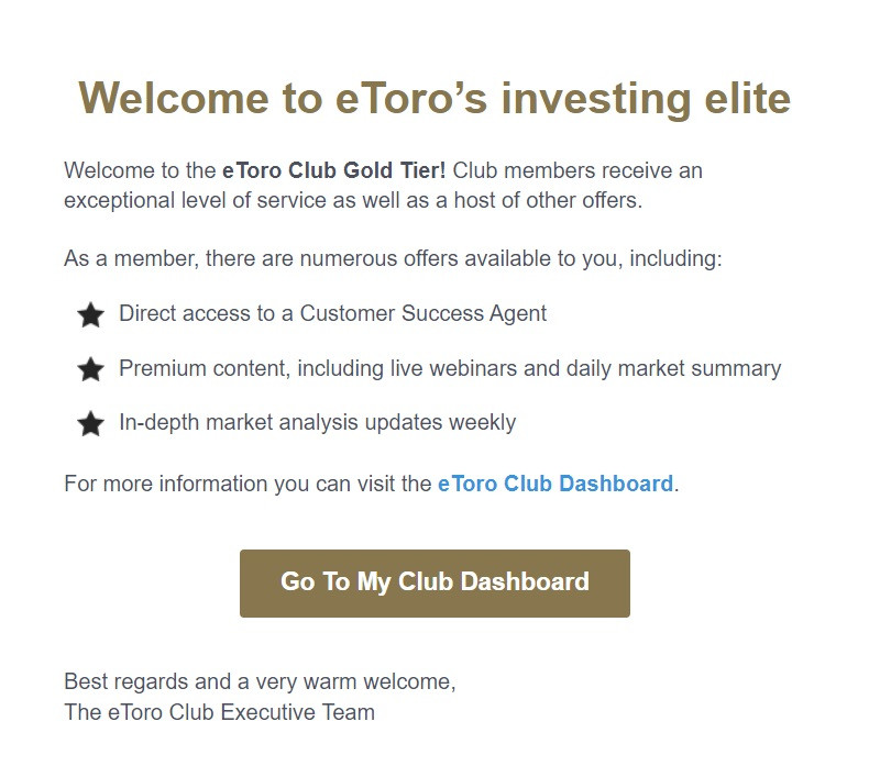 eToro Club Gold Tier welcome email