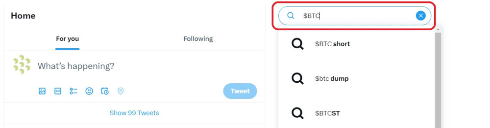 Entering cashtag on Twitter search bar