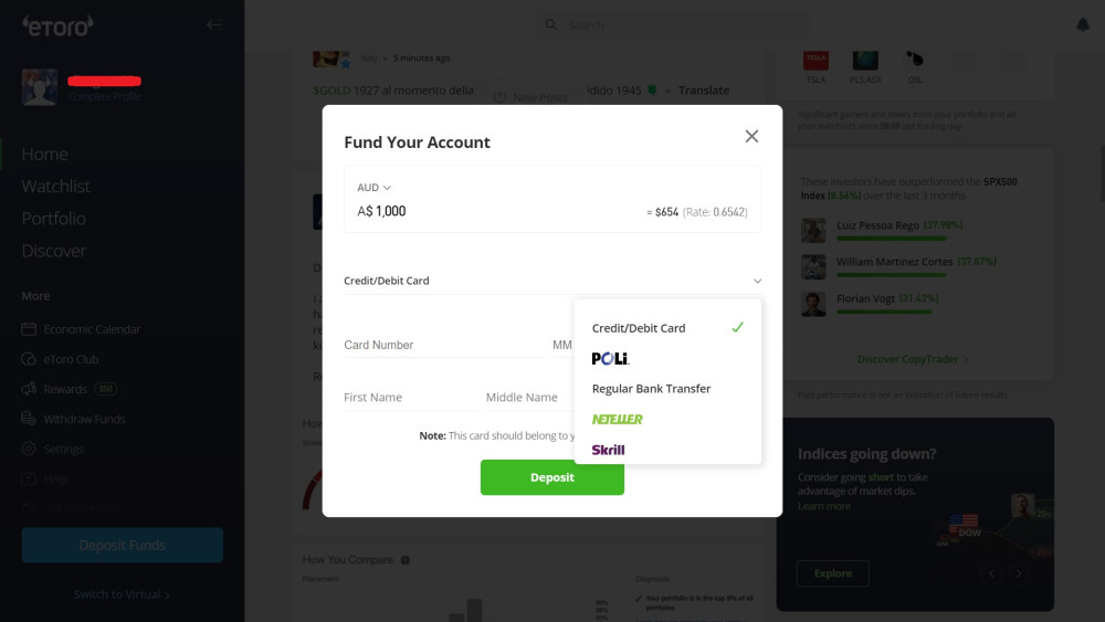 Deposit methods for eToro Australia clients