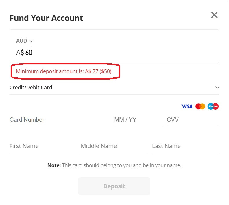 eToro minimum deposit for Australia clients