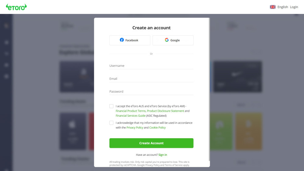 eToro Australia registration page