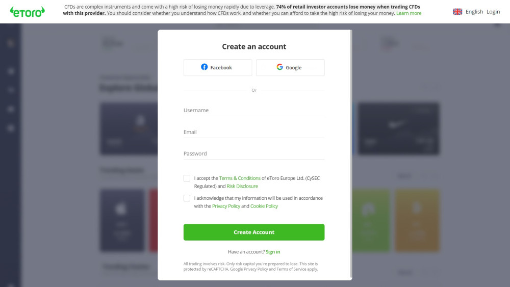 eToro Finland registration page
