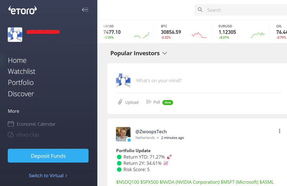 eToro account with Finland flag profile picture