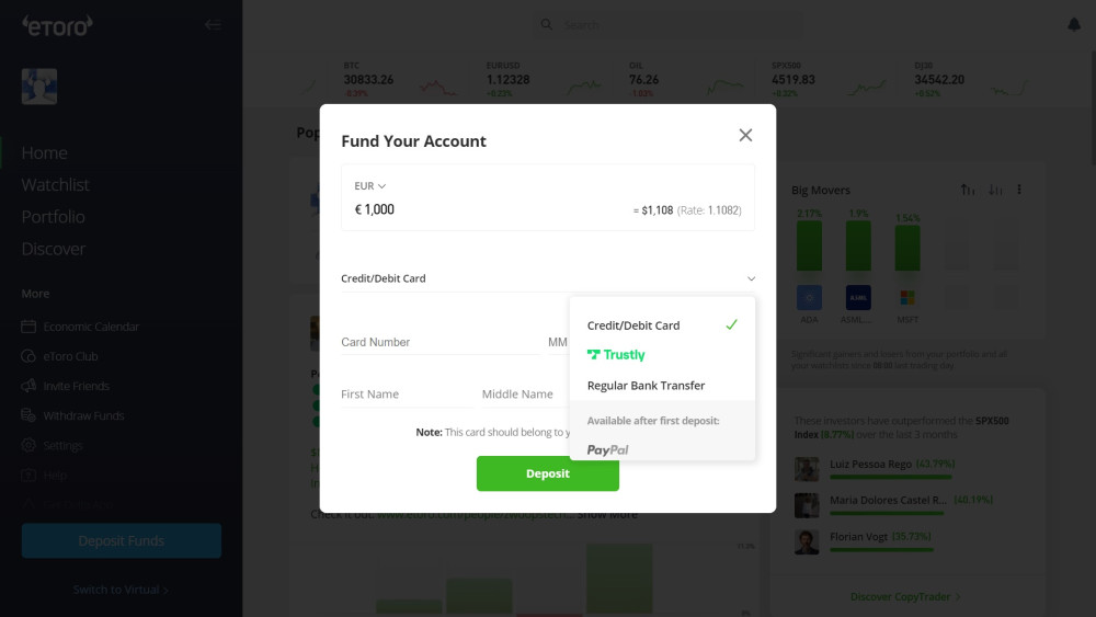 Deposit methods for eToro Finland clients