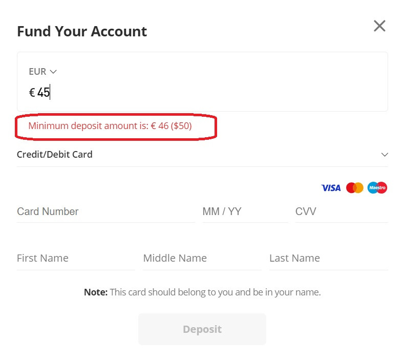 eToro minimum deposit for Finland clients