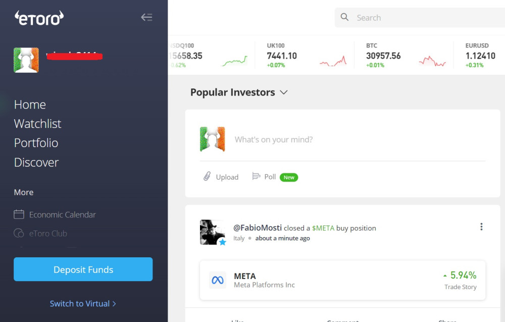 eToro account with Ireland flag profile picture