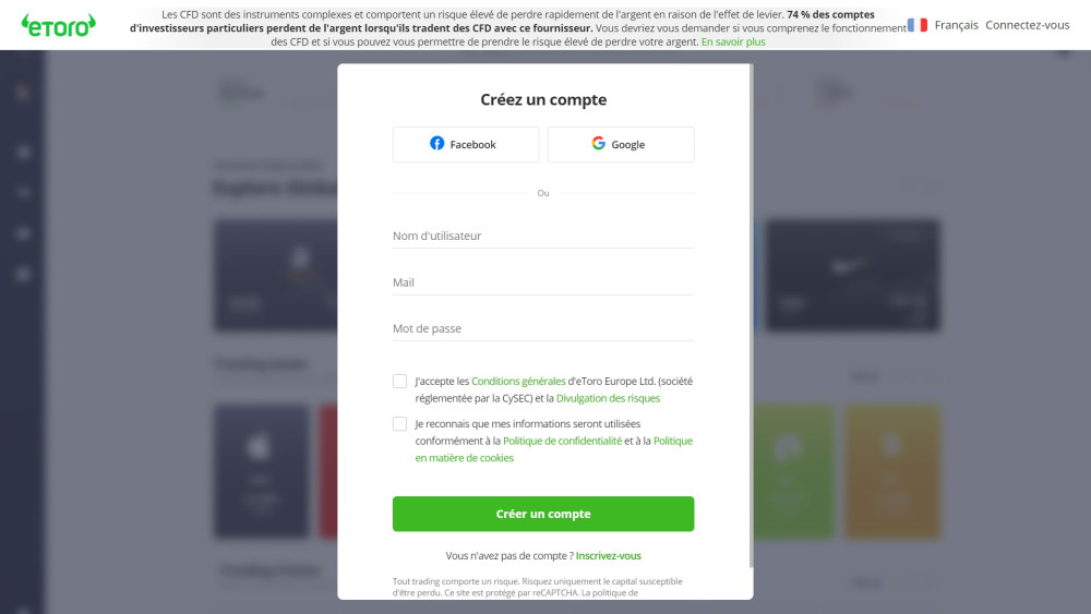 eToro France registration page