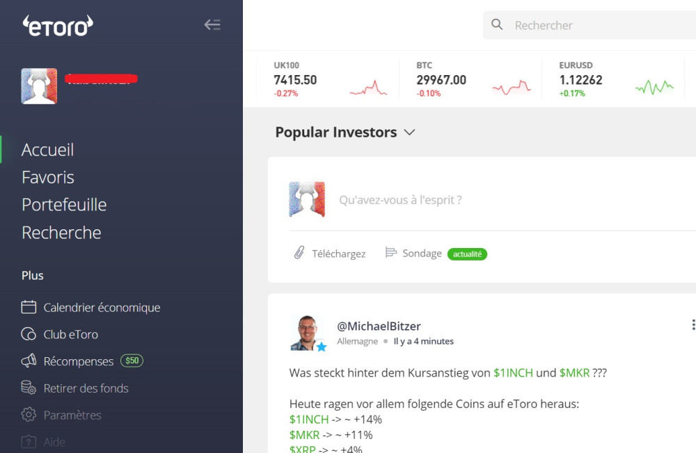eToro account with France flag profile picture