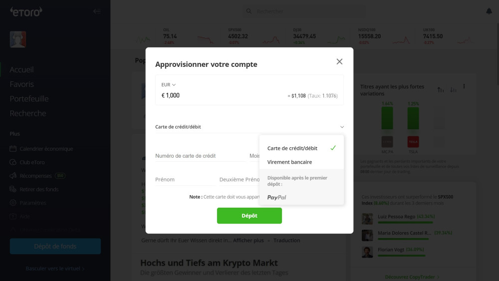 Deposit methods for eToro France clients