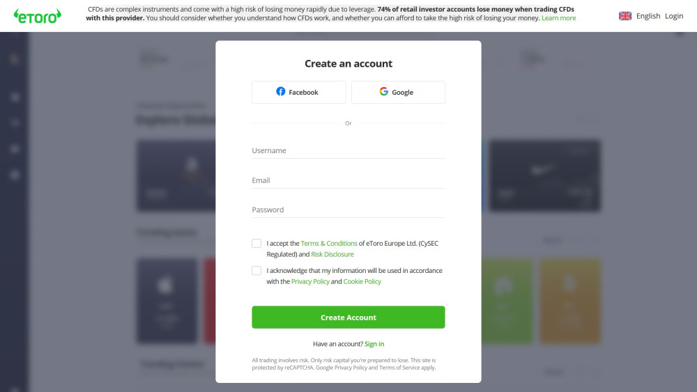 eToro Spain registration page