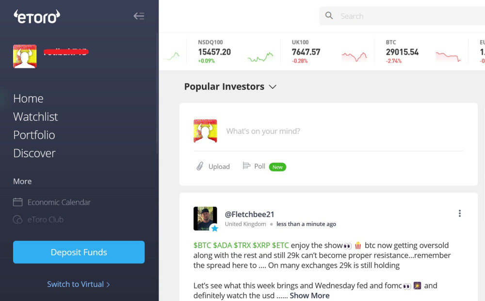 eToro account with Spain flag profile picture