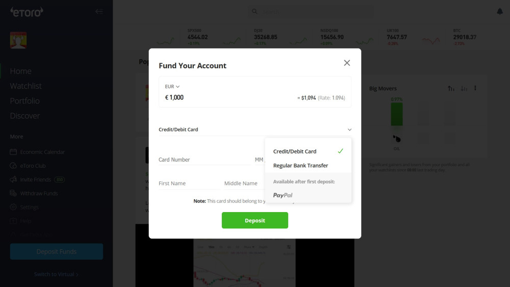 Deposit methods for eToro Spain clients
