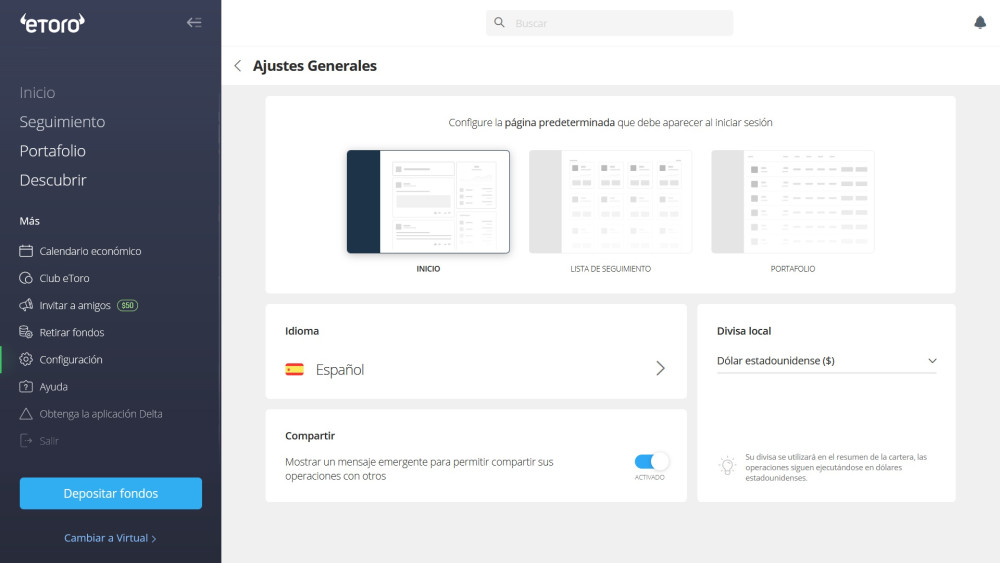Changing eToro platform language to Spanish
