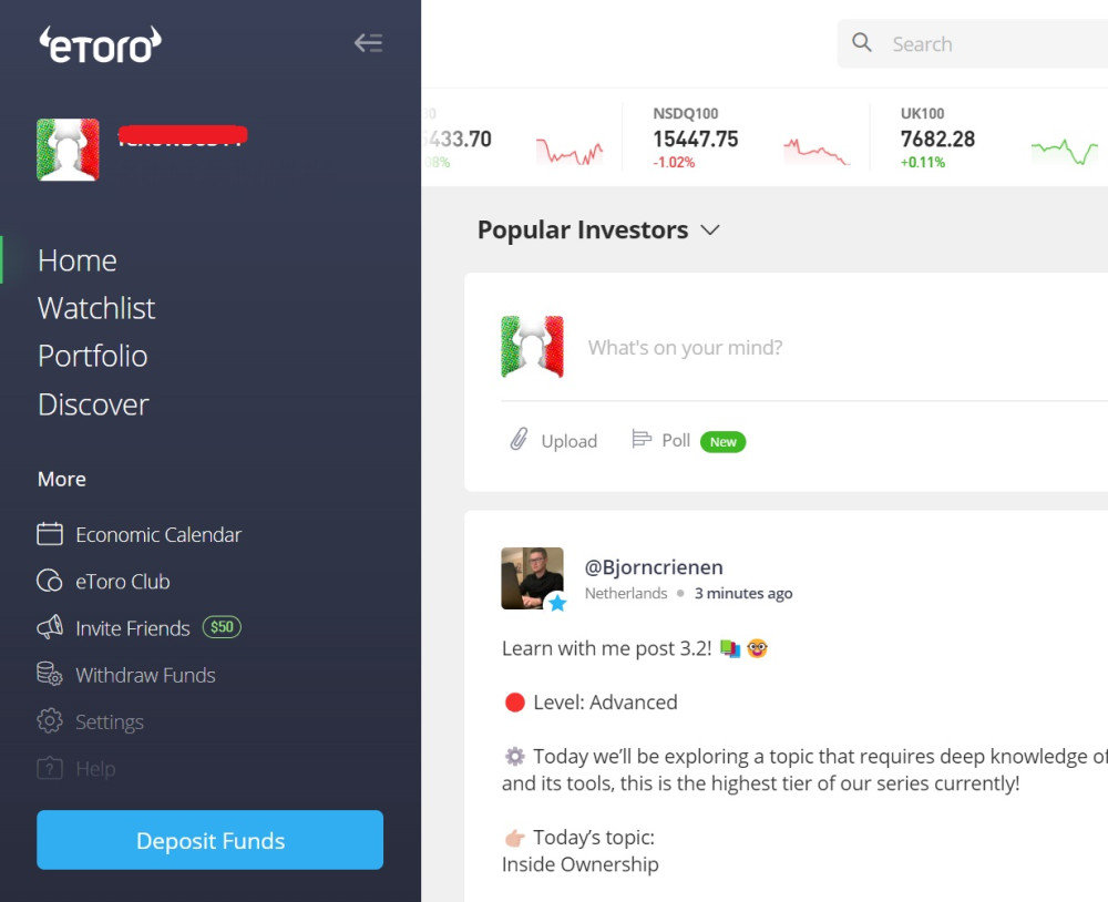 eToro account with Italy flag profile picture