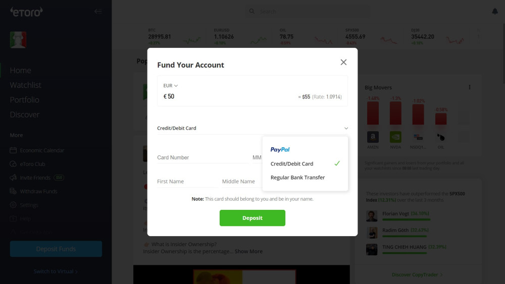 Deposit methods for eToro Italy clients