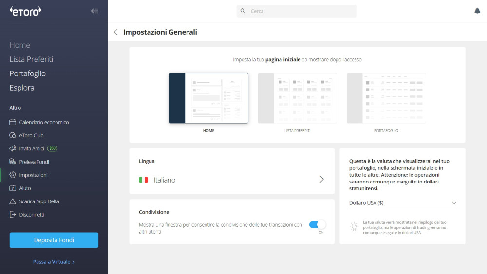 Changing eToro platform language to Italian