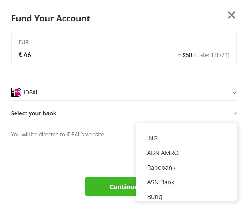 Making a deposit on an eToro Netherlands account using iDEAL